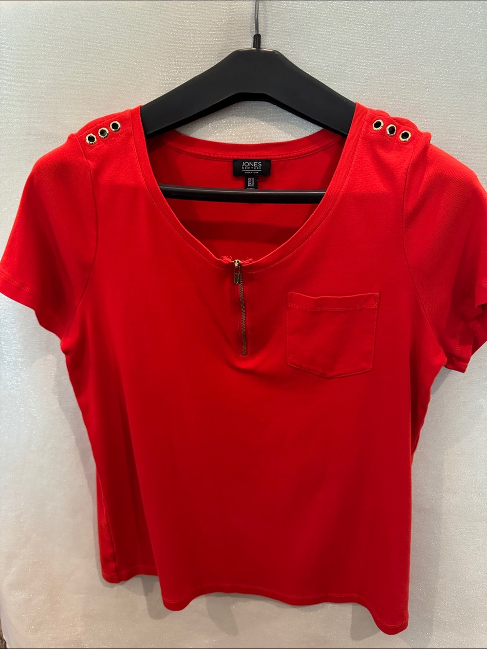 Jones New York Bright Red/Orange Short-Sleeve Zip Front Tee